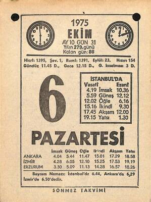 6 Ekim 1975 Takvim Yaprağı - Doğum Günü Hediyesi EFM(N)12568 - 1