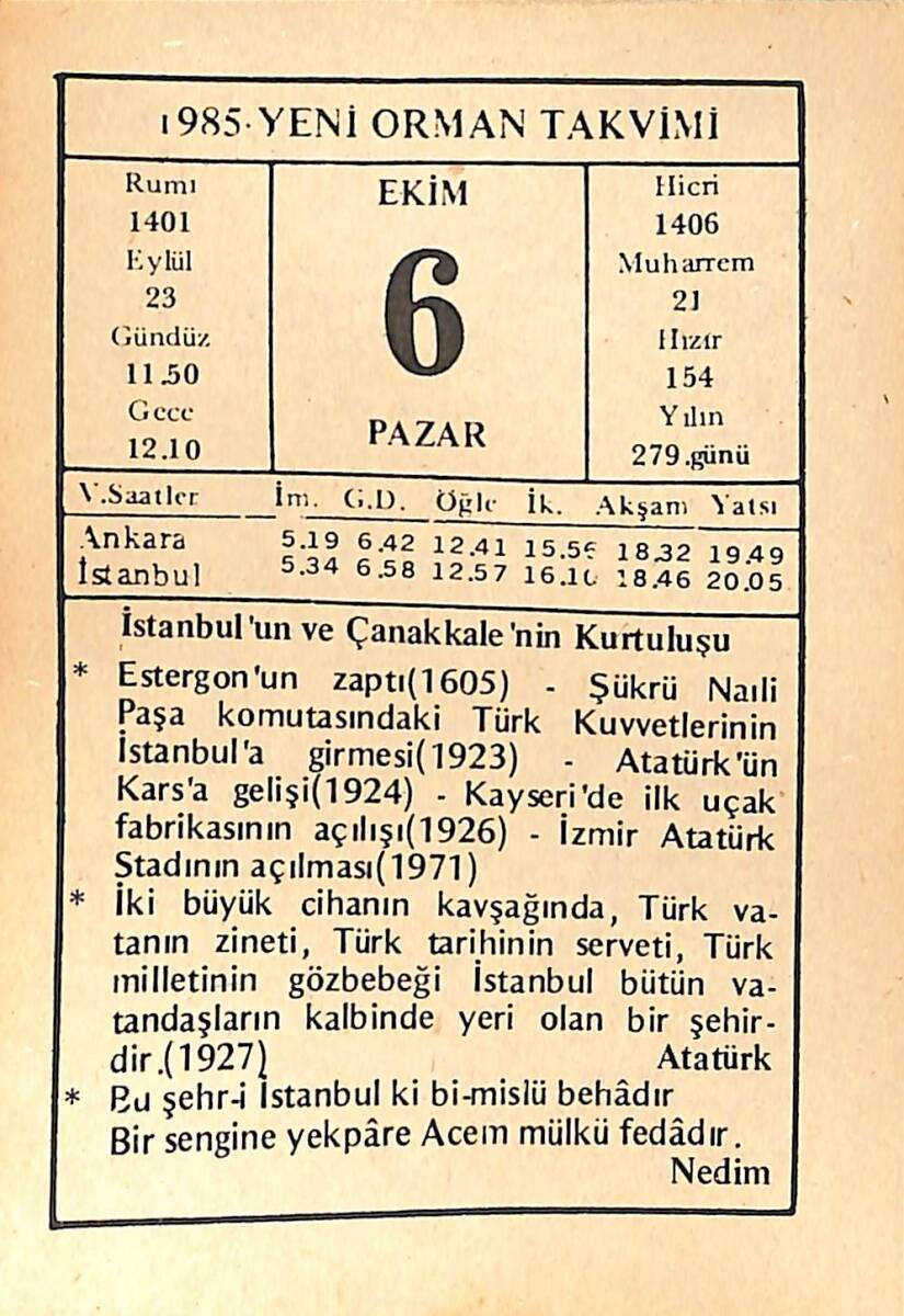 6 Ekim 1985 Takvim Yaprağı - Doğum Günü Hediyesi EFMN14963 - 1