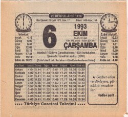6 Ekim 1993 Takvim Yaprağı EFM(N)3162 - 3