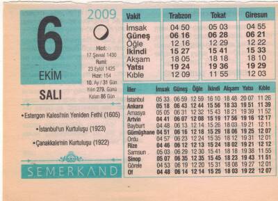 6 Ekim 2009 Takvim Yaprağı EFM(N)3285 - 1
