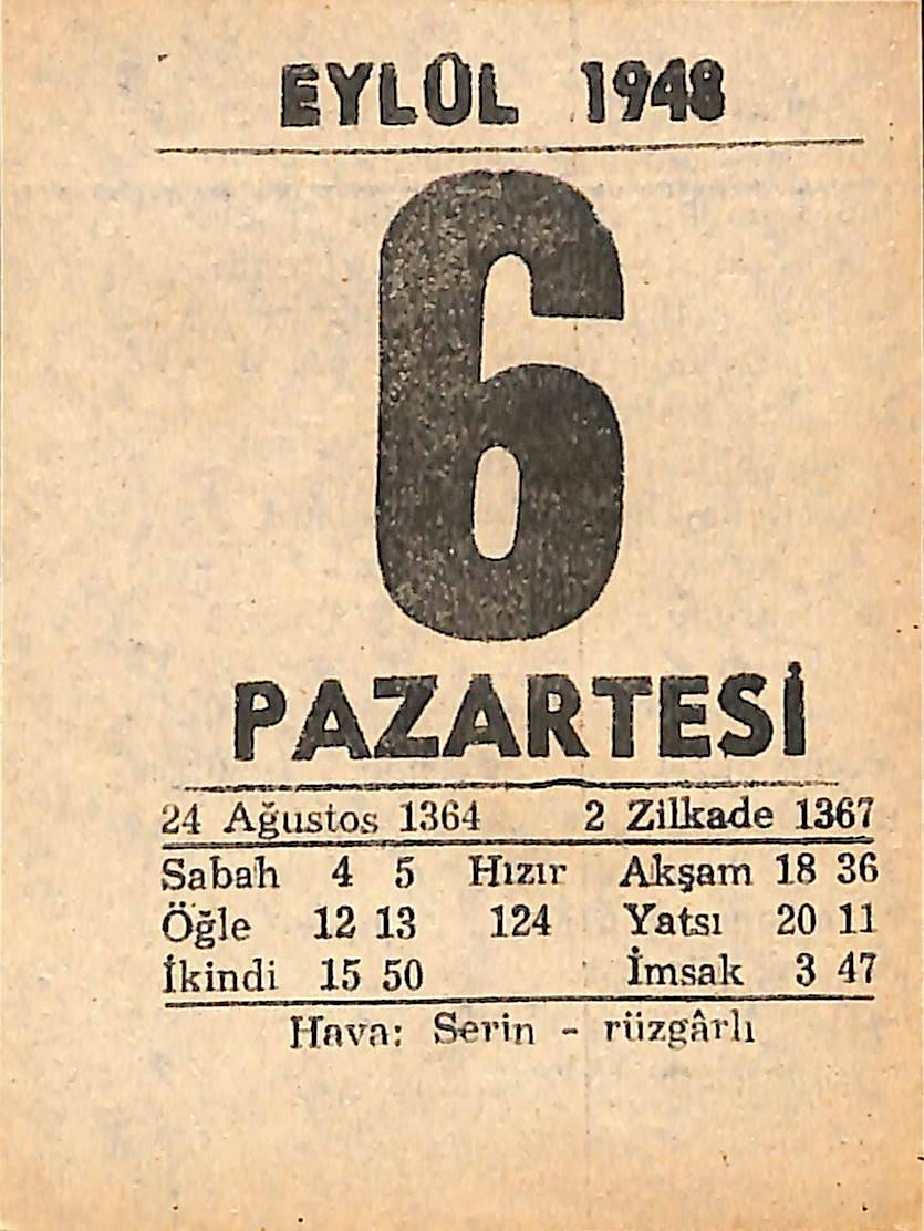 6 Eylül 1948 Takvim Yaprağı - Doğum Günü Hediyesi EFMN14401 - 1