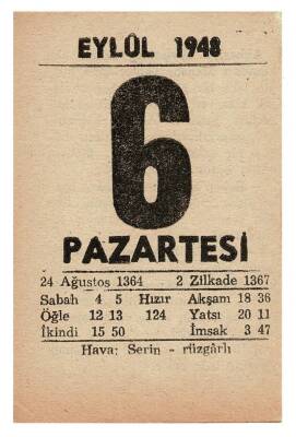6 Eylül 1948 Takvim Yaprağı EFM852 - 1