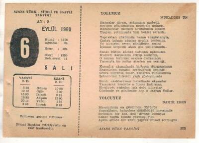 6 Eylül 1960 Ajans Türk Takvim Yaprağı (Şiirli Saatli) EFM(N) 1715 - 4