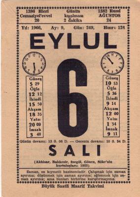6 Eylül 1966 Takvim Yaprağı EFM(N)3589 - 2