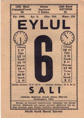 6 Eylül 1966 Takvim Yaprağı EFM(N)3589 - 1