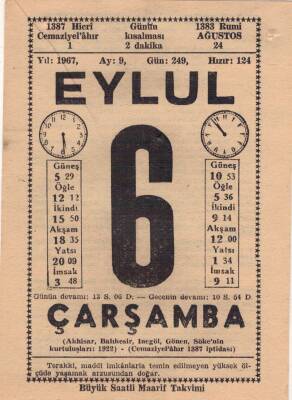 6 Eylül 1967 Takvim Yaprağı EFM(N)3591 - 1