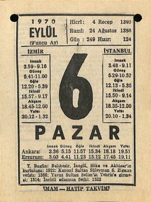 6 Eylül 1970 Takvim Yaprağı - Doğum Günü Hediyesi EFM(N)9882 - 1