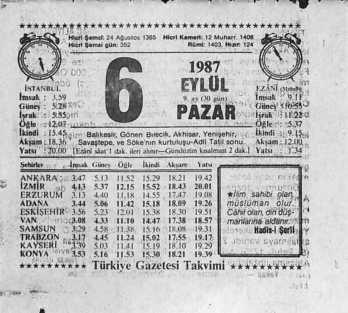6 Eylül 1987 Takvim Yaprağı - Doğum Günü Hediyesi EFMN13941 - 1