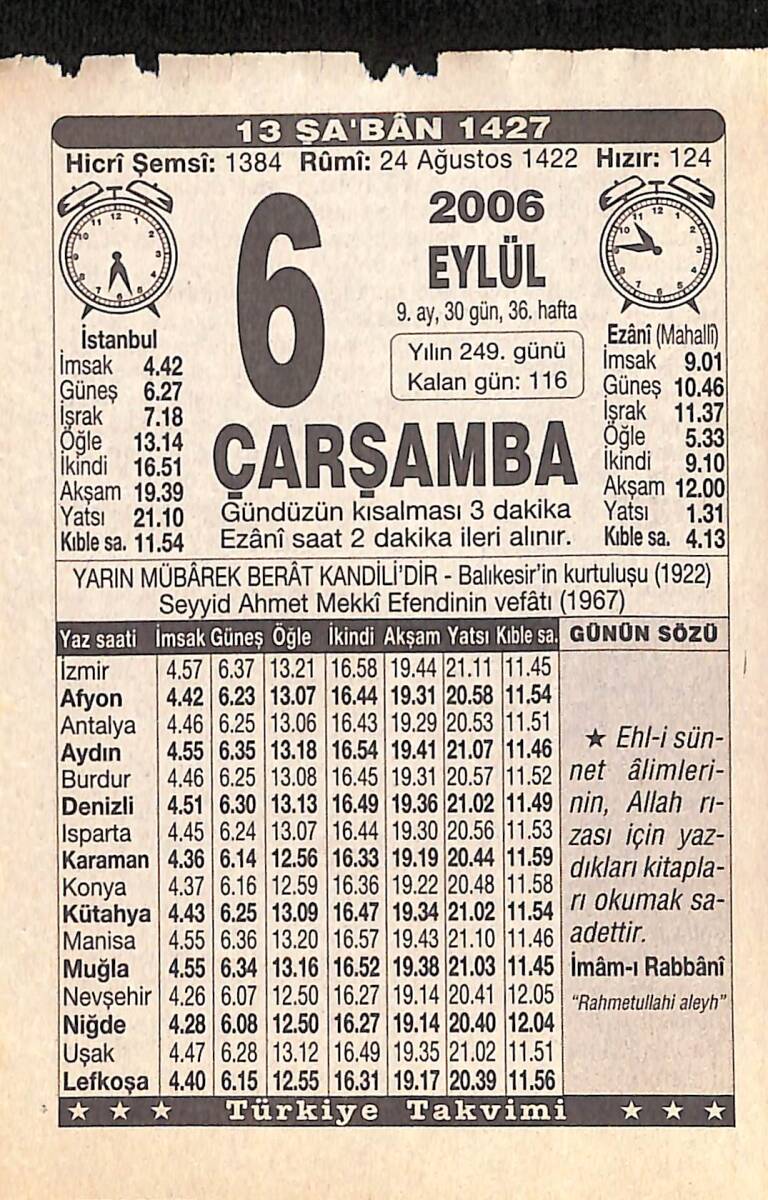 6 Eylül 2006 Takvim Yaprağı - Doğum Günü Hediyesi EFMN15846 - 1