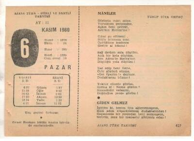 6 Kasım 1960 Ajans Türk Takvim Yaprağı (Şiirli Saatli) EFM(N) 1772 - 2
