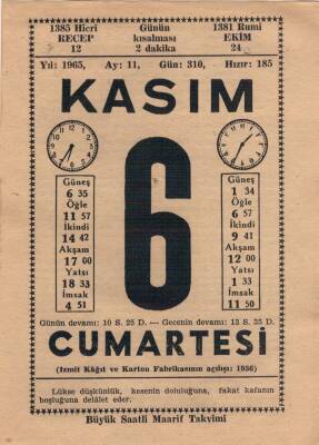 6 Kasım 1965 Takvim Yaprağı EFM(N)3659 - 1