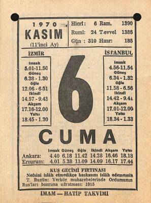 6 Kasım 1970 Takvim Yaprağı - Doğum Günü Hediyesi EFM(N)10738 - 2
