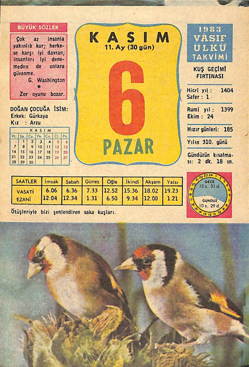 6 Kasım 1983 Takvim Yaprağı - Doğum Günü Hediyesi EFMN14715 - 1