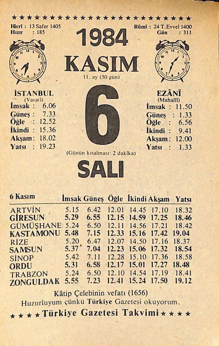 6 Kasım 1984 Takvim Yaprağı - Doğum Günü Hediyesi EFMN14546 - 1