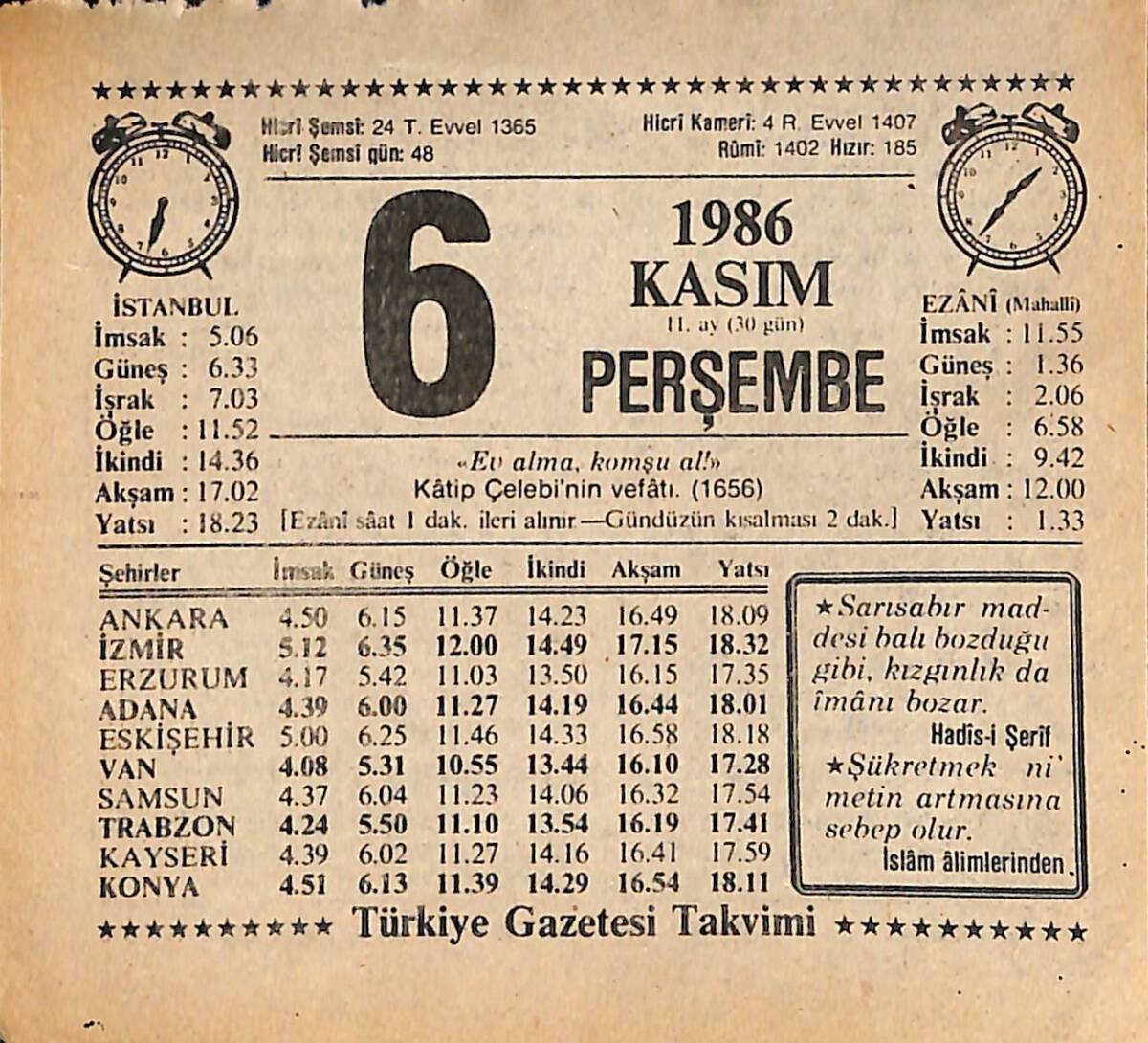 6 Kasım 1986 Takvim Yaprağı - Doğum Günü Hediyesi EFMN14896 - 1