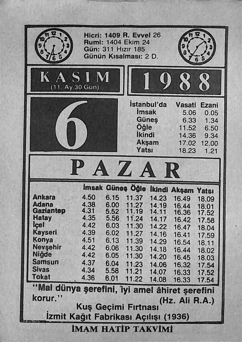 6 Kasım 1988 Takvim Yaprağı - Doğum Günü Hediyesi EFMN14624 - 1