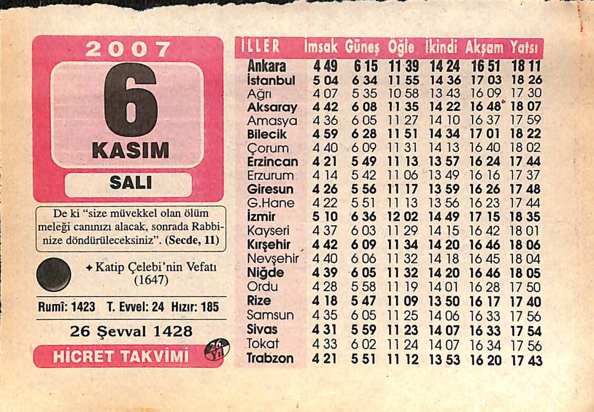 6 Kasım 2007 Takvim Yaprağı - Doğum Günü Hediyesi EFMN16015 - 1