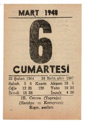 6 Mart 1948 Takvim Yaprağı EFM910 - 1