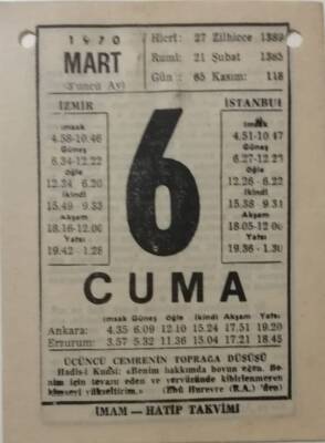 6 Mart 1970 Takvim Yaprağı - Doğum Günü Hediyesi EFM(N)7950 - 2