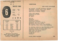 6 Mayıs 1960 Ajans Türk Takvim Yaprağı (Şiirli Saatli) EFM(N)1593 - 1