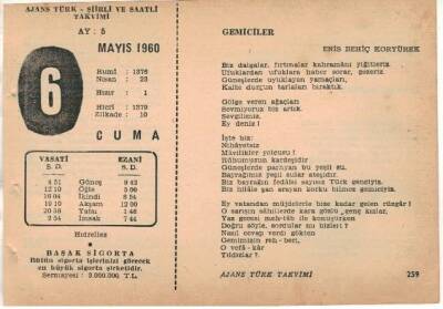 6 Mayıs 1960 Ajans Türk Takvim Yaprağı (Şiirli Saatli) EFM(N)1593 - 1