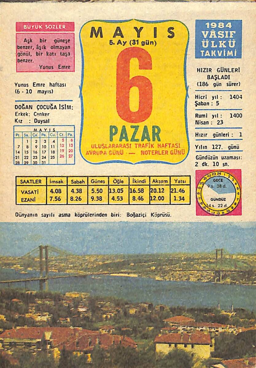 6 Mayıs 1984 Takvim Yaprağı - Doğum Günü Hediyesi EFMN15171 - 1
