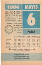6 Mayıs 1984 Takvim Yaprağı EFM(N)6215 - Gökçekoleksiyon