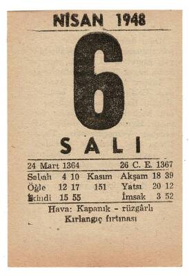 6 Nisan 1948 Takvim Yaprağı EFM900 - 1