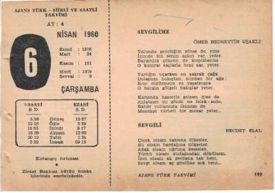 6 Nisan 1960 Ajans Türk Takvim Yaprağı (Şiirli Saatli) EFM(N)1563 - 2