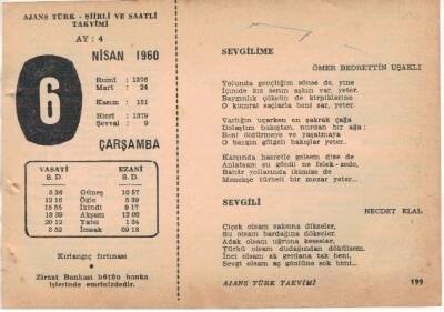 6 Nisan 1960 Ajans Türk Takvim Yaprağı (Şiirli Saatli) EFM(N)1563 - 1