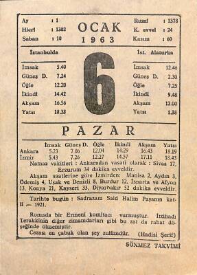 6 Ocak 1963 Takvim Yaprağı - Doğum Günü Hediyesi EFM(N)11421 - 1