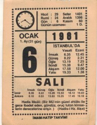 6 Ocak 1981 Takvim Yaprağı EFM(N)4652 - Gökçekoleksiyon
