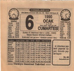 6 Ocak 1990 Takvim Yaprağı EFM(N)4683 - Gökçekoleksiyon
