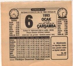 6 Ocak 1993 Takvim Yaprağı EFM(N)4838 - Gökçekoleksiyon