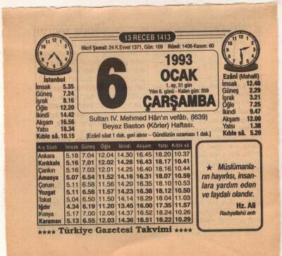 6 Ocak 1993 Takvim Yaprağı EFM(N)4838 - 1