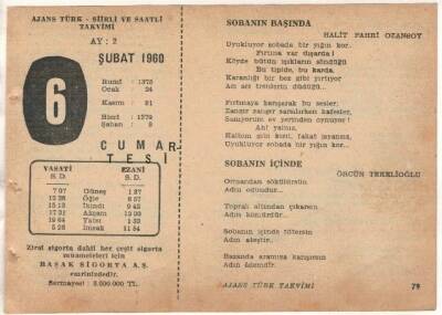 6 Şubat 1960 Ajans Türk Takvim Yaprağı (Şiirli Saatli) EFM(N)1504 - 4