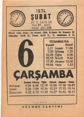 6 Şubat 1974 Takvim Yaprağı EFM(N)5245 - 1