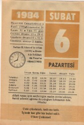 6 Şubat 1984 Takvim Yaprağı EFM(N)5329 - Gökçekoleksiyon