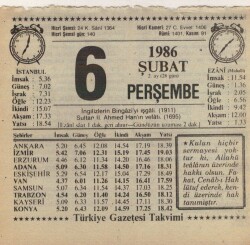 6 Şubat 1986 Takvim Yaprağı EFM(N)5217 - Gökçekoleksiyon