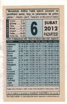 6 Şubat 2012 Takvim Yaprağı EFM(N)1847 - 1