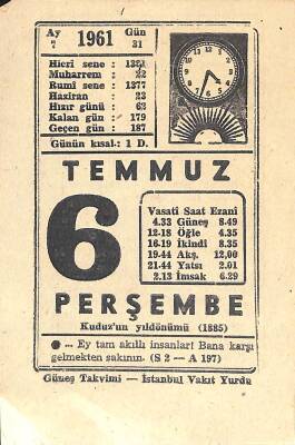6 Temmuz 1961 Takvim Yaprağı - Doğum Günü Hediyesi EFM(N)11341 - 1
