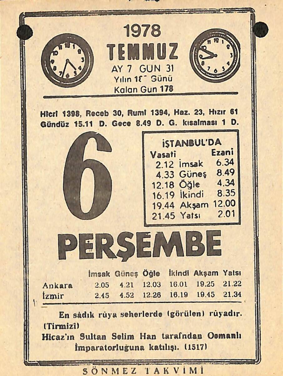 6 Temmuz 1978 Takvim Yaprağı - Doğum Günü Hediyesi EFMN15354 - 1