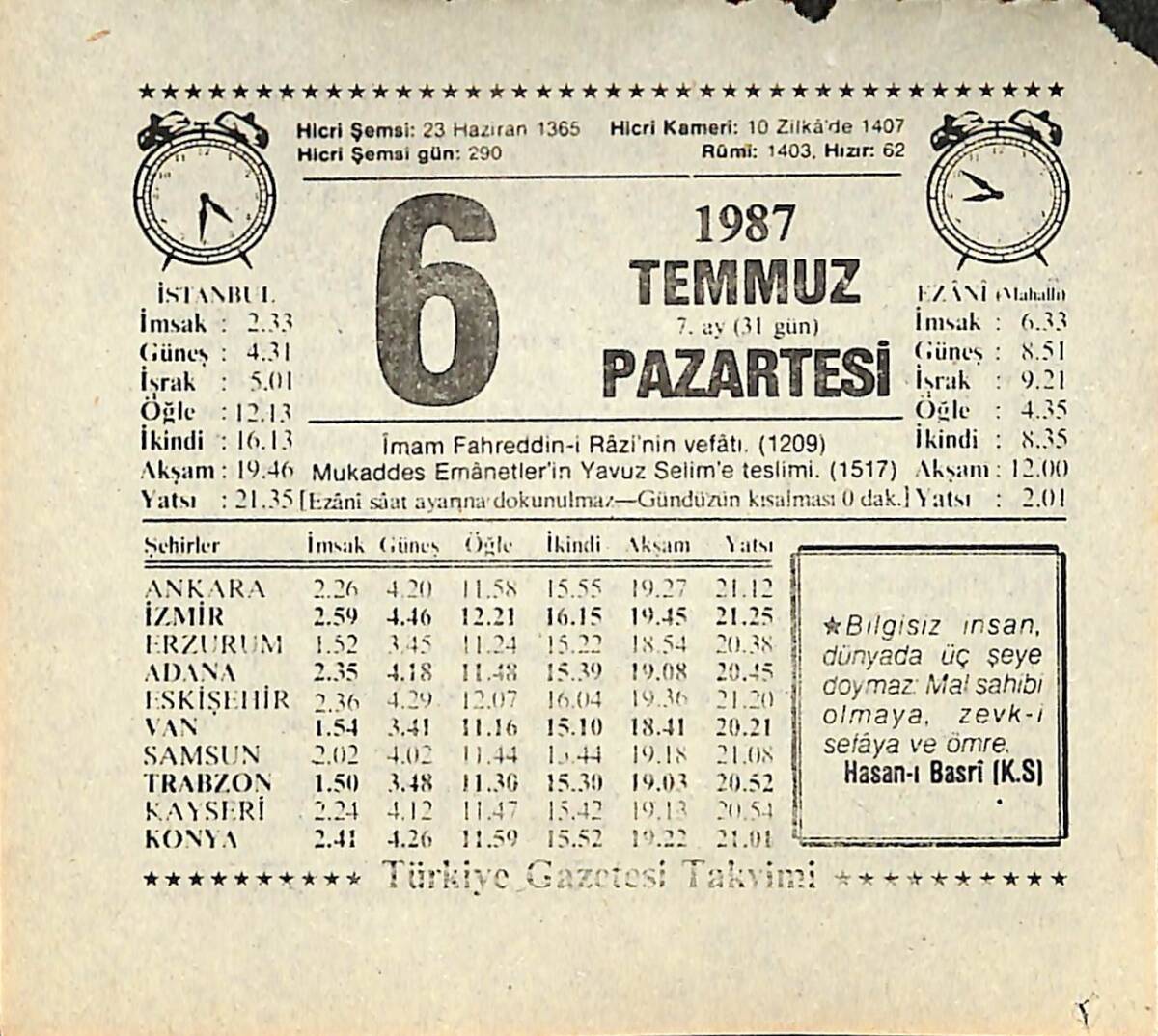 6 Temmuz 1987 Takvim Yaprağı - Doğum Günü Hediyesi EFMN13818 - 1