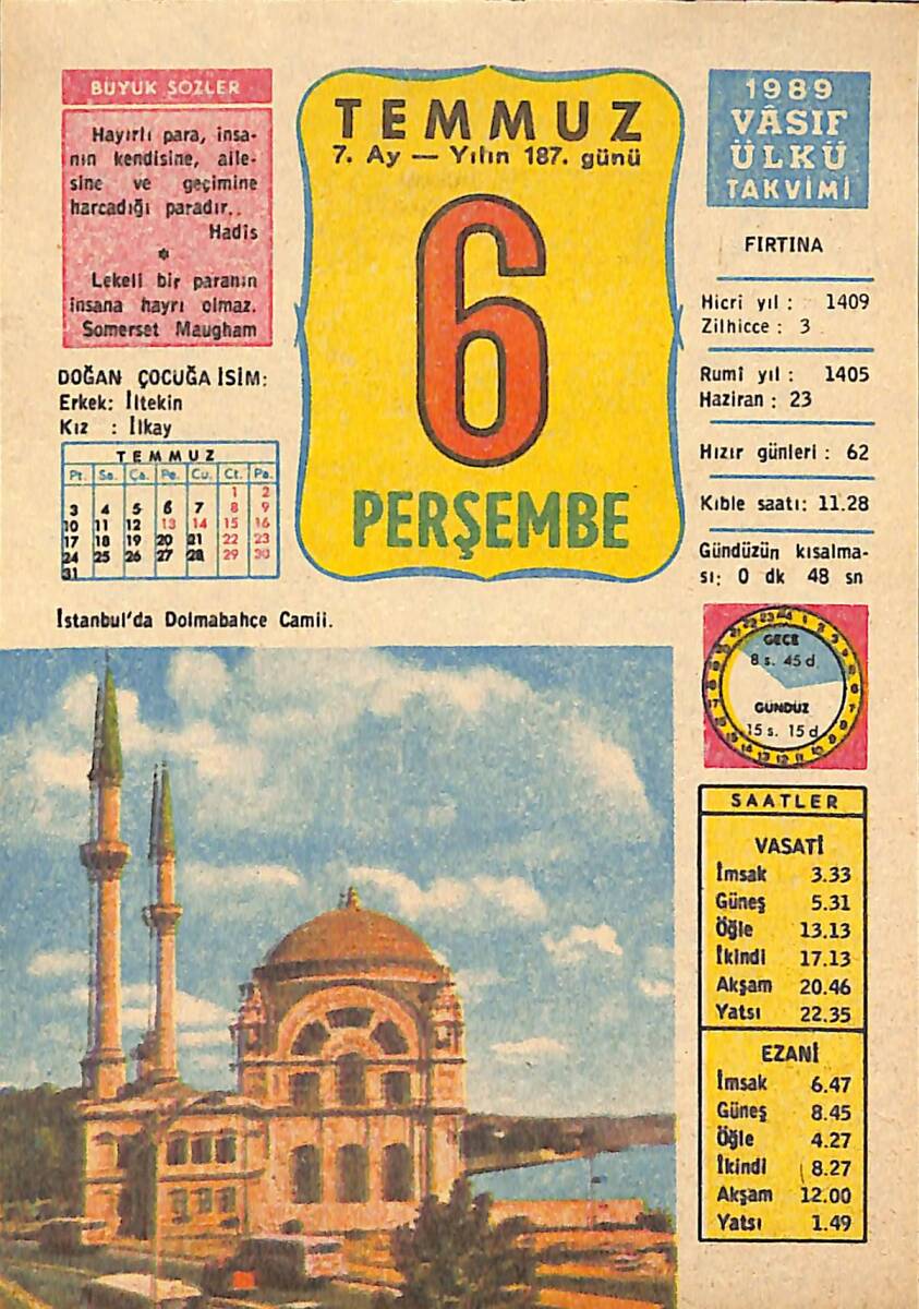 6 Temmuz 1989 Takvim Yaprağı - Doğum Günü Hediyesi EFMN13900 - 1
