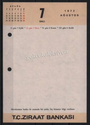 7-8 Ağustos 1973 Ziraat Bankası Takvim Yaprağı EFM632 - 1