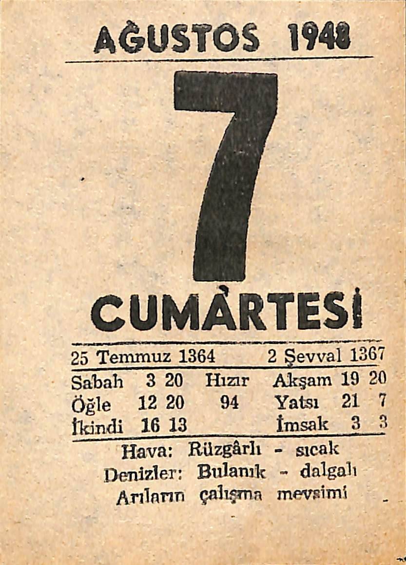 7 Ağustos 1948 Takvim Yaprağı - Doğum Günü Hediyesi EFMN14431 - 1