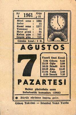 7 Ağustos 1961 Takvim Yaprağı - Doğum Günü Hediyesi EFM(N)11429 - 1