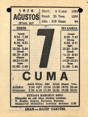 7 Ağustos 1970 Takvim Yaprağı - Doğum Günü Hediyesi EFM(N)9674 - 1