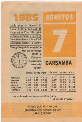 7 Ağustos 1985 Takvim Yaprağı EFM(N)2285 - 2