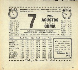 7 Ağustos 1987 Takvim Yaprağı - Doğum Günü Hediyesi EFMN13850 - Gökçekoleksiyon